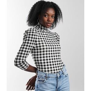 Free People Gather Turtleneck Top Small Black White‎ Gingham Check